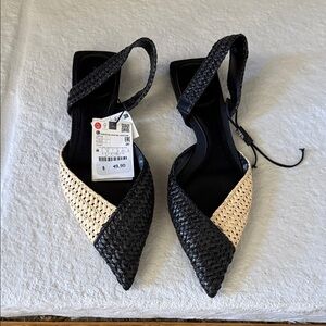 Zara Woven Black and Natural Pointed-Toe Flats